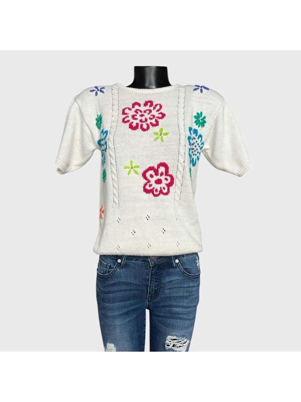 Jantzen VTG 80s Short Sleeved Sweater Cotton Chunky Floral Knit Embroidery Retro